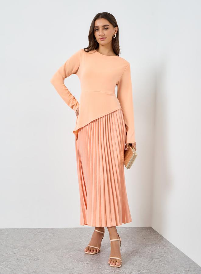 Styli Women Peach Pleated Long Sleeve Midi Dress - Image 3